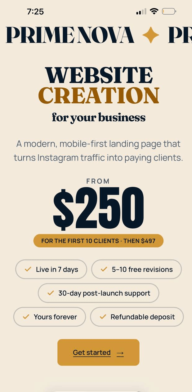 The Prime Nova landing page rendered on an iPhone screen