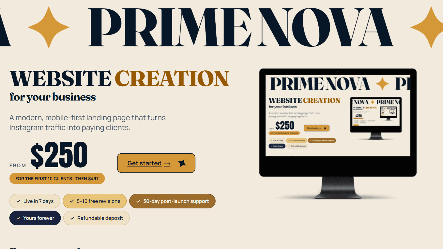 The Prime Nova landing page rendered on an iMac screen